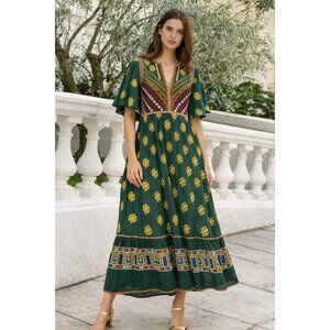 Oliphant Embroidered Voile Flirty V Neck Maxi Dress Green Boho Cape Sleeve M